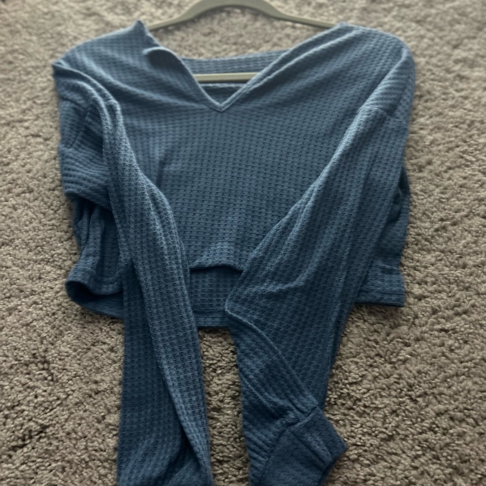 SHEIN Blue V-Neck Waffle Knit Sweater